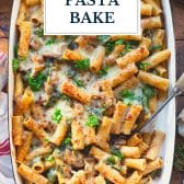 French onion pasta bake with text title overlay.