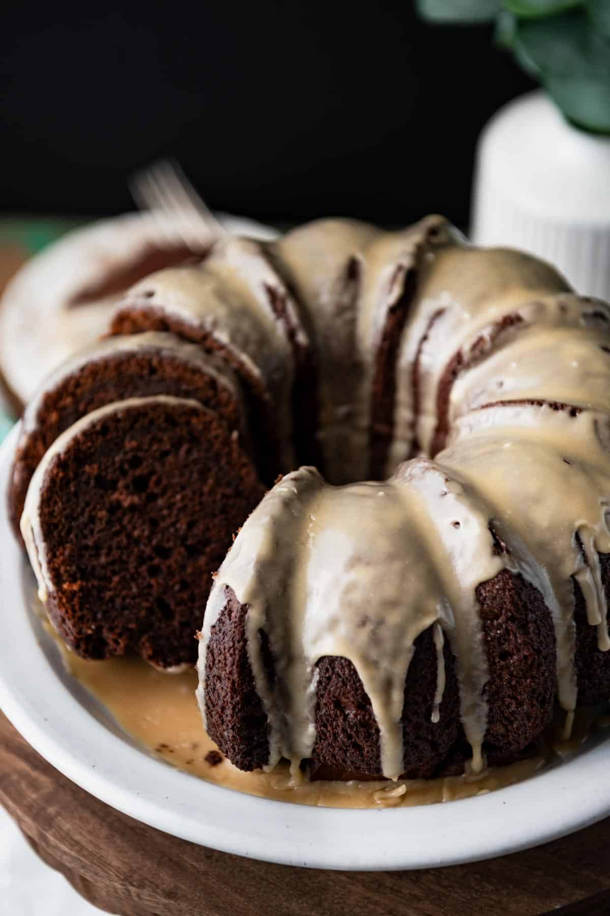 Chocolate bundt cake made with Guinness and an Irish whiskey glaze.