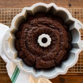 Baked chocolate Bundt cake in a pan.