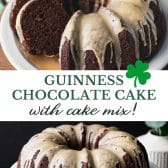 Long collage image of Guinness chocolate cake with cake mix and Irish whiskey glaze.