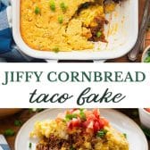 Long collage image of Jiffy cornbread taco bake.