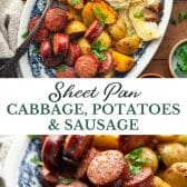 Long collage image of sheet pan cabbage potatoes and sausage.