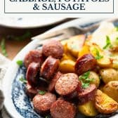 Sheet pan cabbage potatoes and sausage with text title box at top.