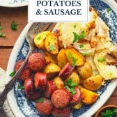 Sheet pan cabbage potatoes and sausage with text title overlay.