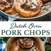 Long collage image of Dutch oven pork chops.