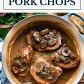 Dutch oven pork chops with text title box at top.