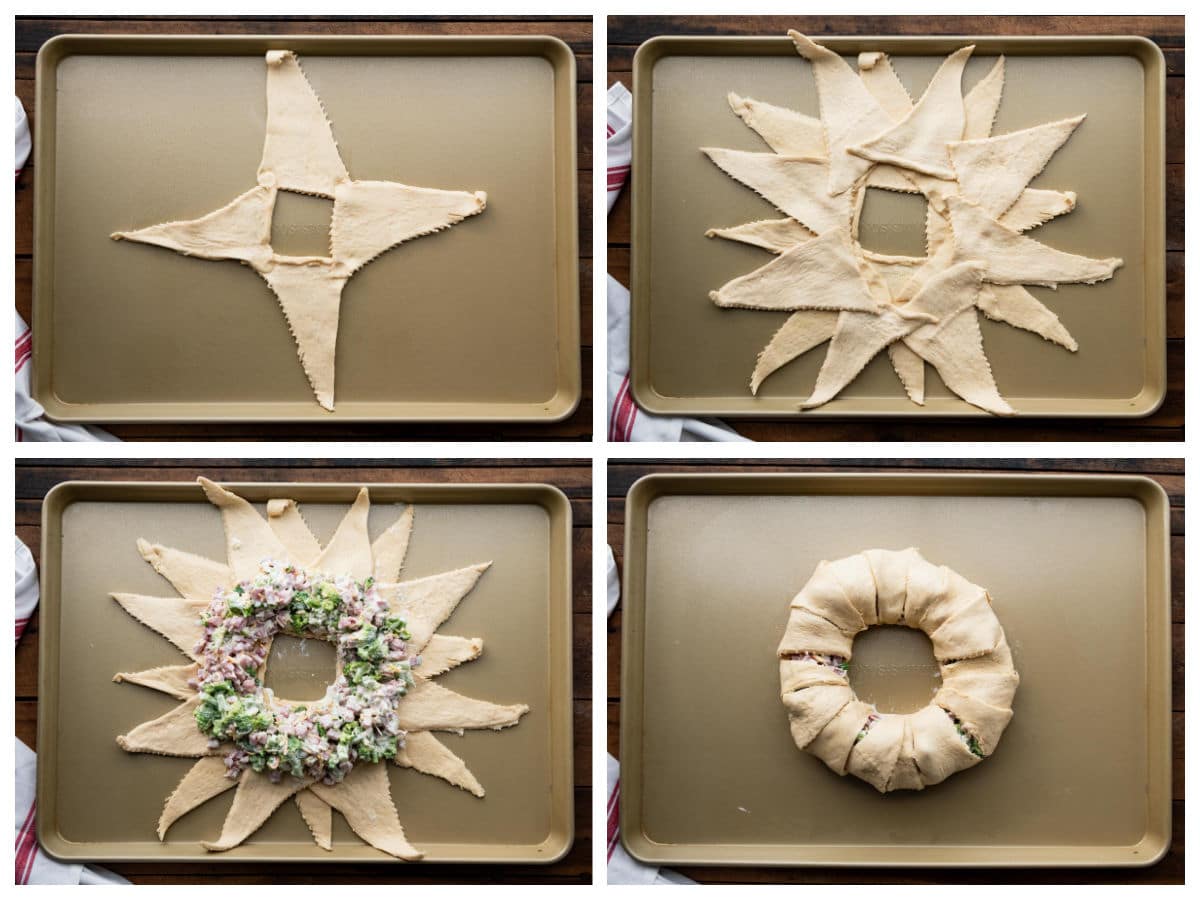 Collage of images showing the process for how to make ham and cheese crescent rolls.