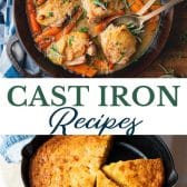 Long collage image of cast iron recipes.
