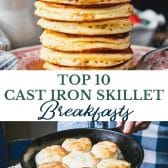 Long collage image of cast iron skillet breakfast recipes.