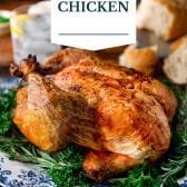 Dutch oven chicken with text title overlay.