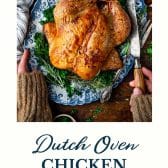 Dutch oven chicken with text title at the bottom.