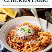 Easy chicken parmesan recipe with text title box at top.