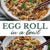 Long collage image of egg roll in a bowl.
