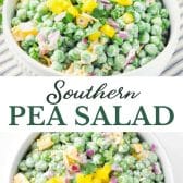 Long collage image of English pea salad.