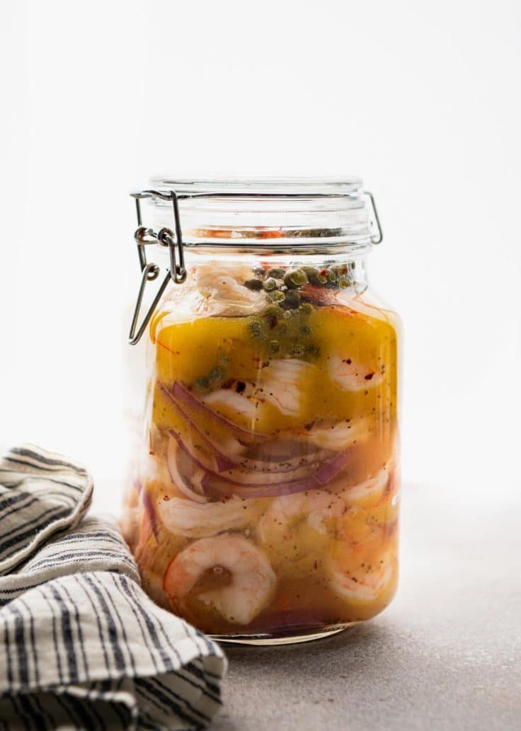 Pickled shrimp in a jar.