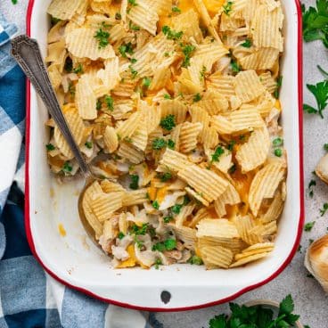 Square overhead shot of tuna noodle casserole in a baking dish.