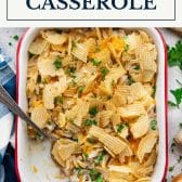 Tuna noodle casserole with text title box at top.