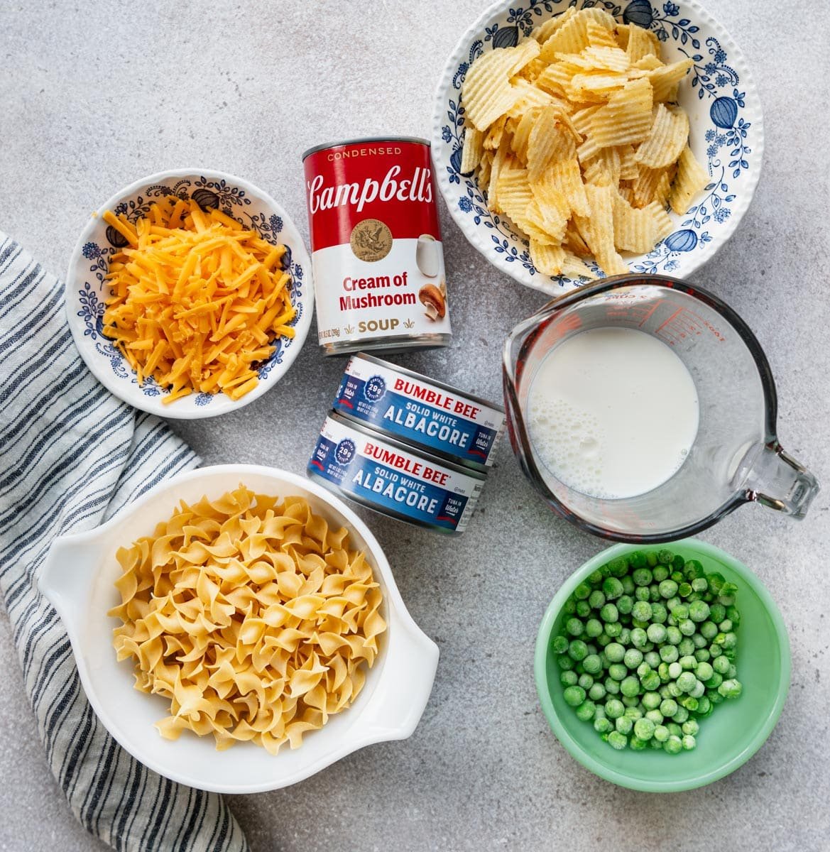 Ingredients for campbell's tuna noodle casserole recipe.