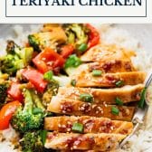 Baked teriyaki chicken with text title box at top.