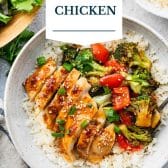 Baked teriyaki chicken with text title overlay.