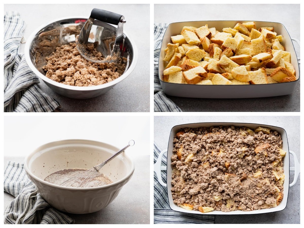 Horizontal collage image of the ingredients and process shot steps showing how to make brioche french toast casserole.