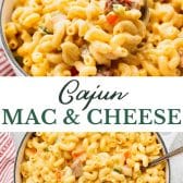 Long collage image of Cajun mac and cheese.