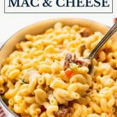 Cajun mac and cheese with text title box at top.