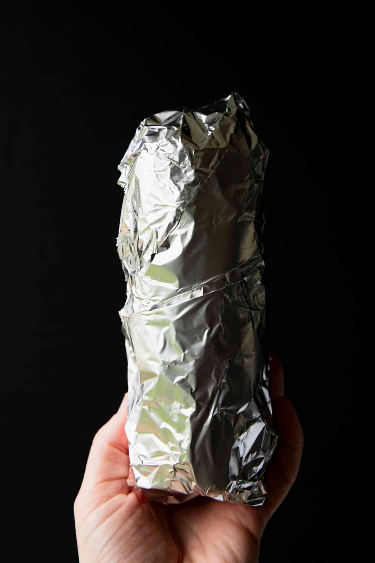 Chicken burrito wrapped in foil for the freezer.