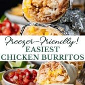 Long collage image of easy and simple chicken burrito recipe.