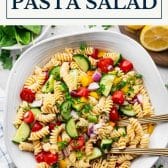 Classic pasta salad recipe with text title box at top.