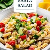Classic pasta salad recipe with text title overlay.