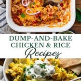 Long collage image of dump and bake chicken and rice recipes.
