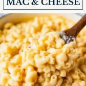 Dutch oven mac and cheese with text title box at top.