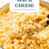 Dutch oven mac and cheese with text title overlay.
