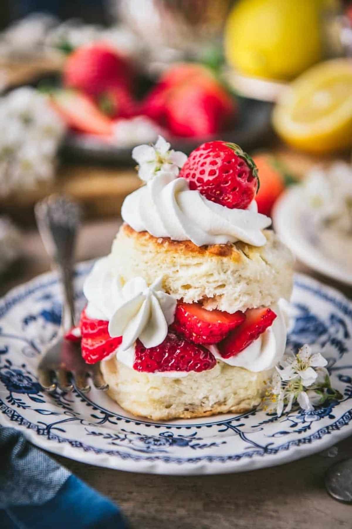 Side shot of strawberry shortcake on a blue and white plate for a collection of easy recipes with strawberries.