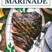 Flank steak marinade with text title box at top.