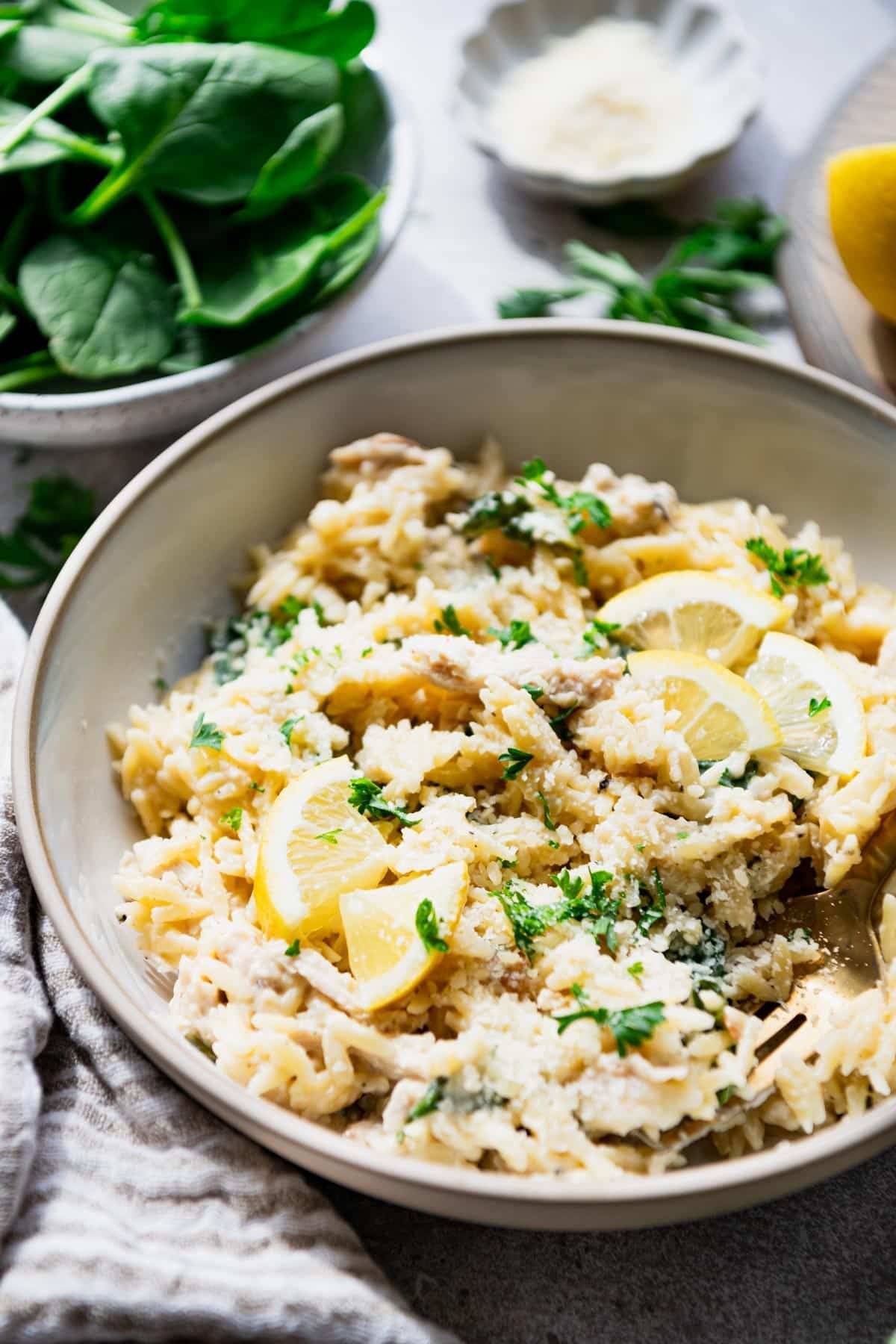 Close up side shot of a bowl of lemon chicken orzo.