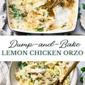 Long collage image of dump-and-bake lemon chicken orzo.