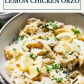 Dump-and-bake lemon chicken orzo with text titleDump-and-bake lemon chicken orzo with text title box at top.