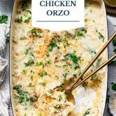 Dump-and-bake lemon chicken orzo with text title overlay.