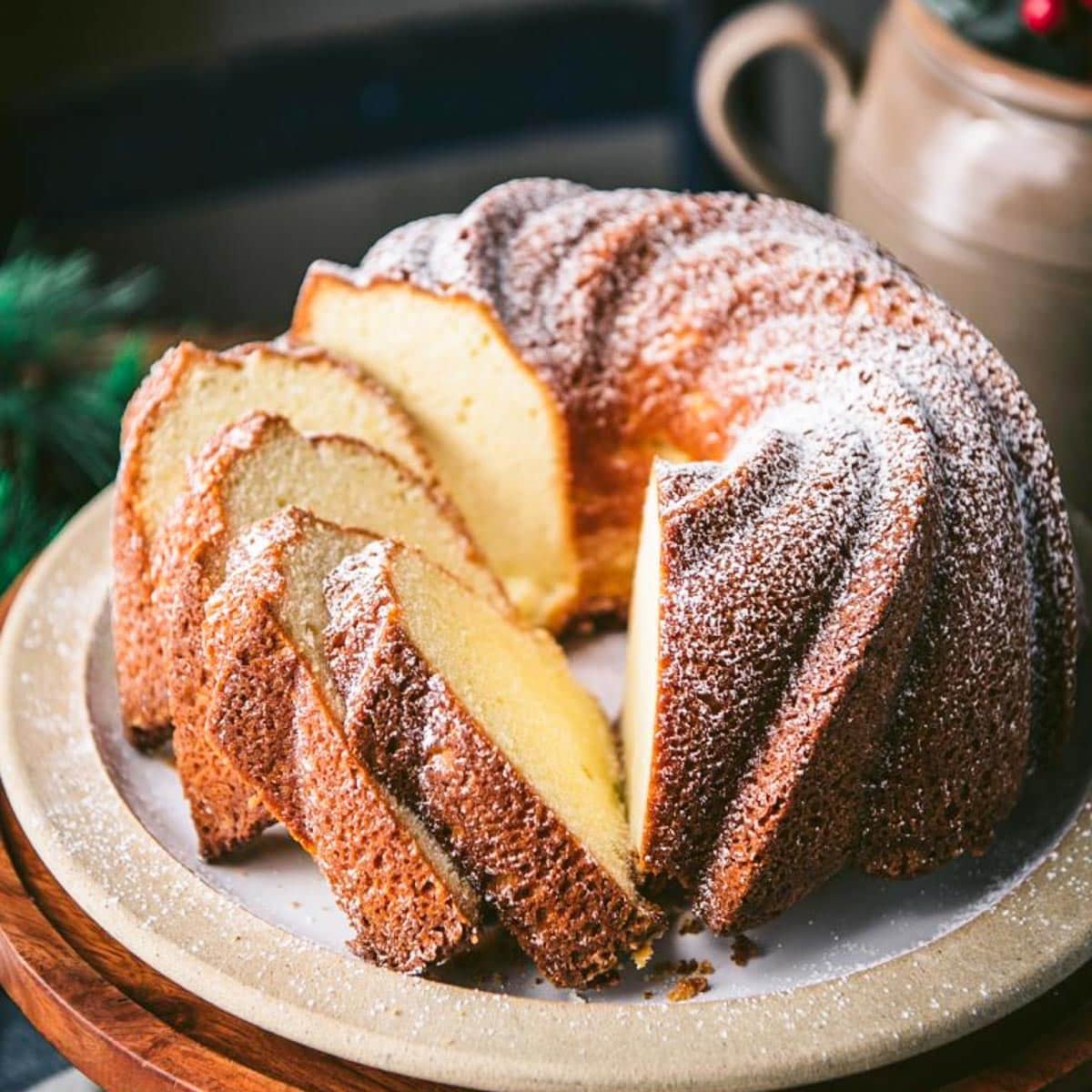 Square side shot of a Southern cream cheese pound cake for a collection of pound cake recipes.