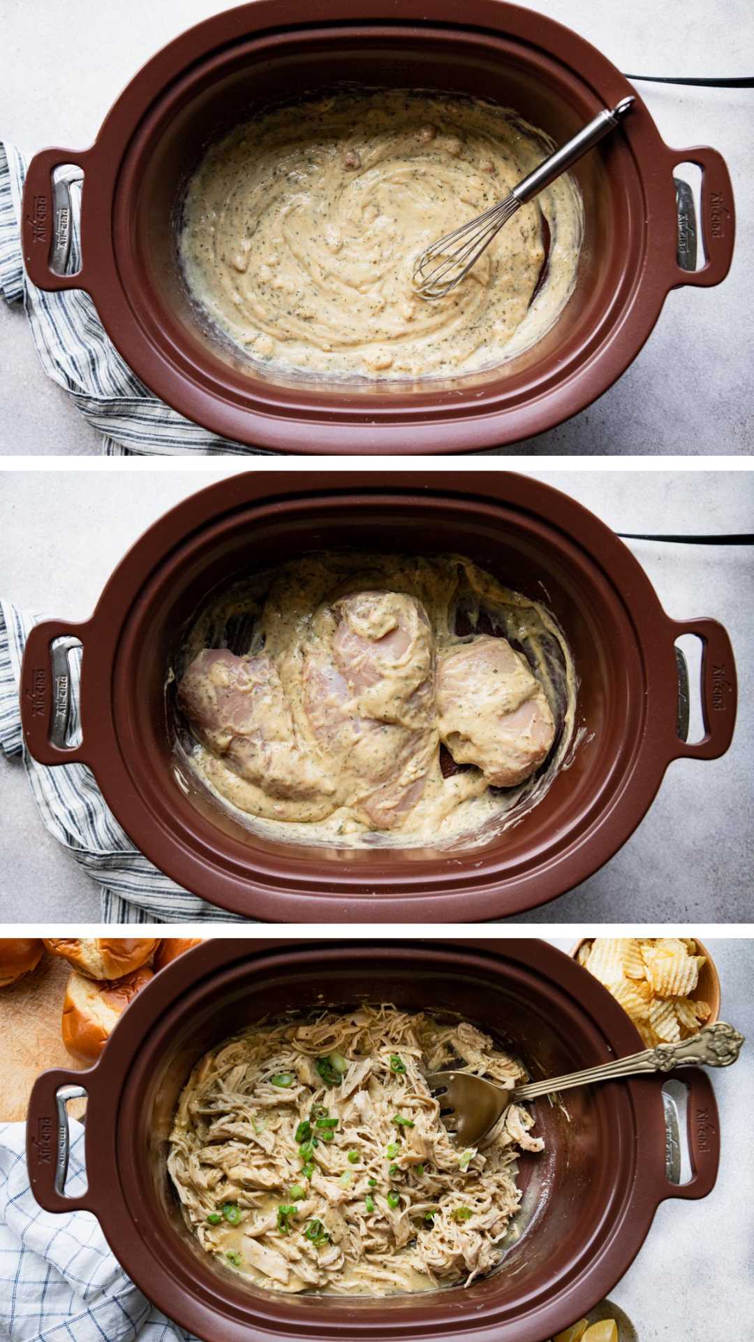Collage image of process shots showing how to make ranch chicken in crock pot.