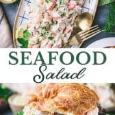 Long collage image of seafood salad recipe.