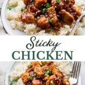 Long collage image of sticky chicken.