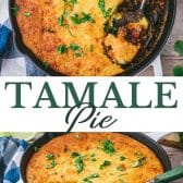 Long collage image of tamale pie with Jiffy cornbread crust.
