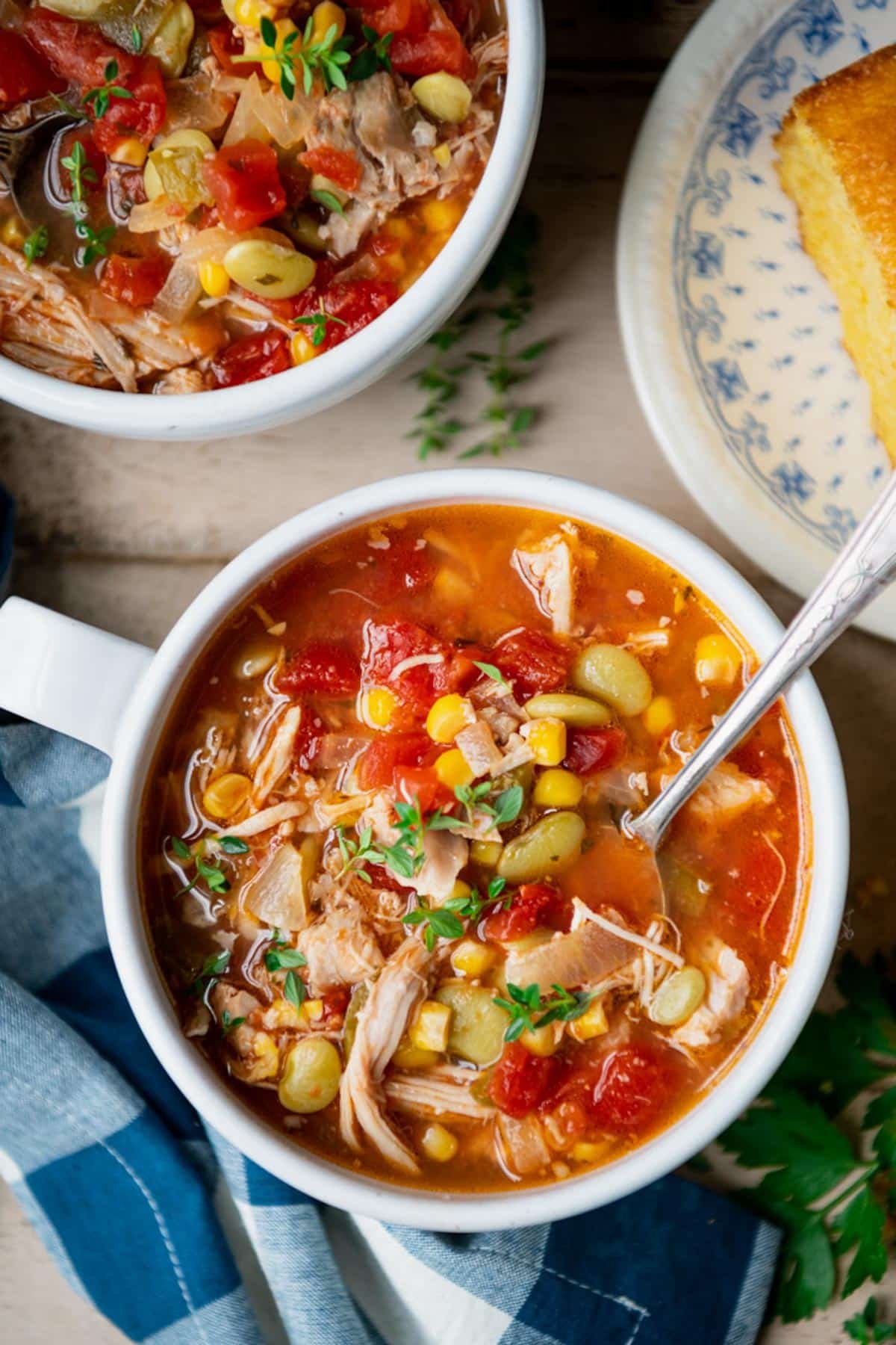 Close overhead image of a white bowl of Brunswick stew.