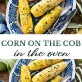 Long collage image of corn on the cob in the oven.