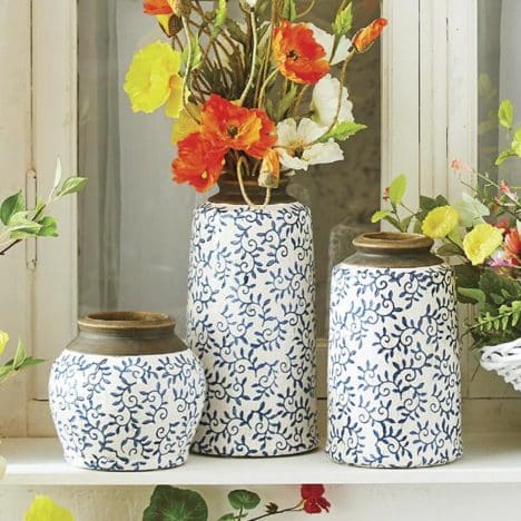 Blue and white vases for a collection of gift ideas for Mother's Day.