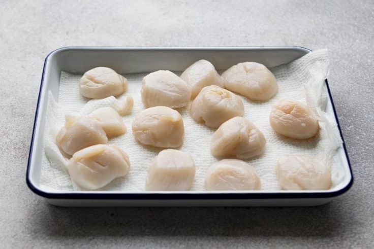 Uncooked scallops on a tray.