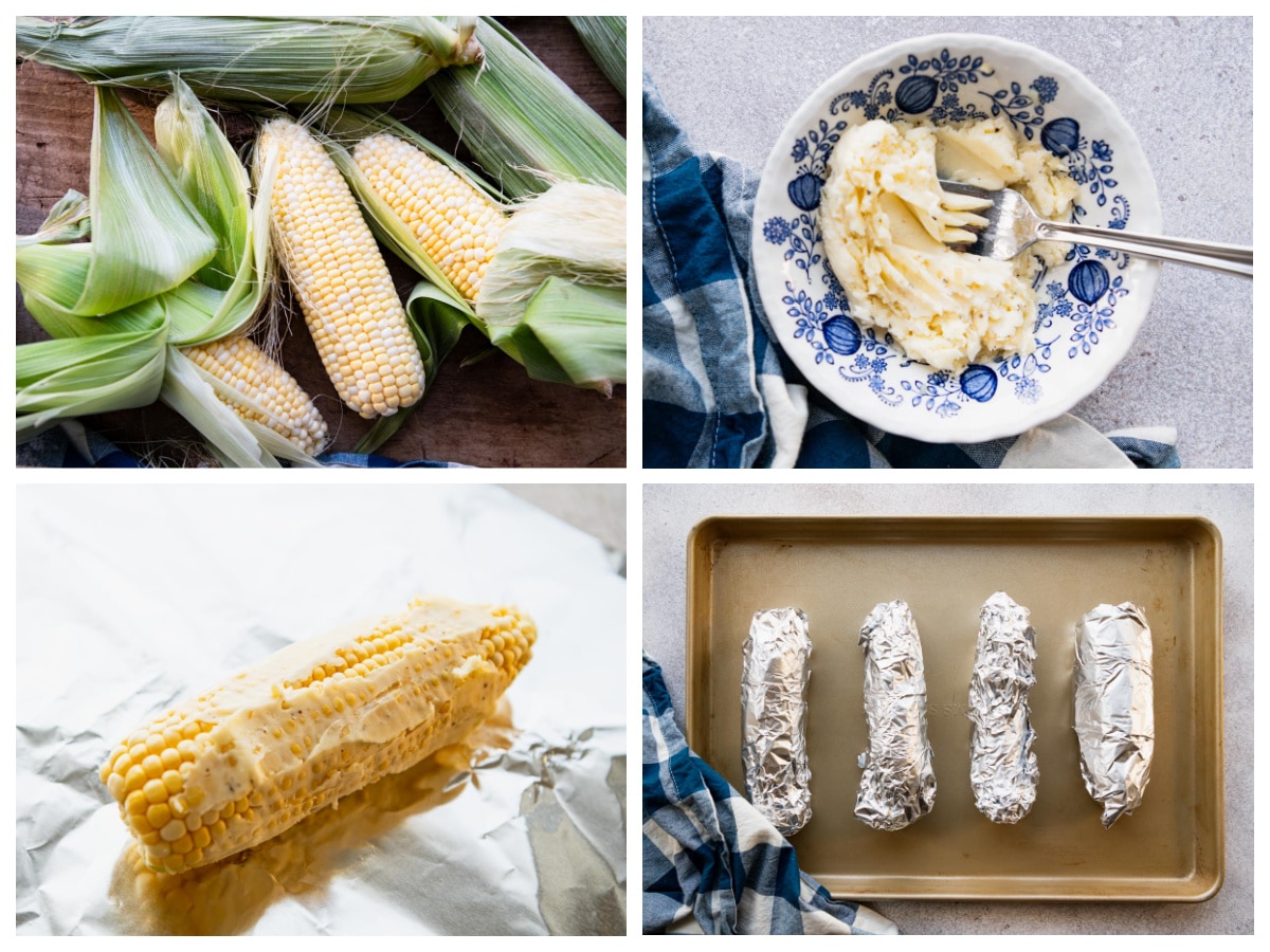 Horizontal collage image of process shots showing how to cook corn on the cob in the oven.